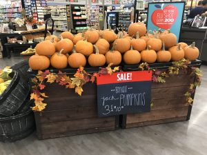 pumpkins on display at grocery store