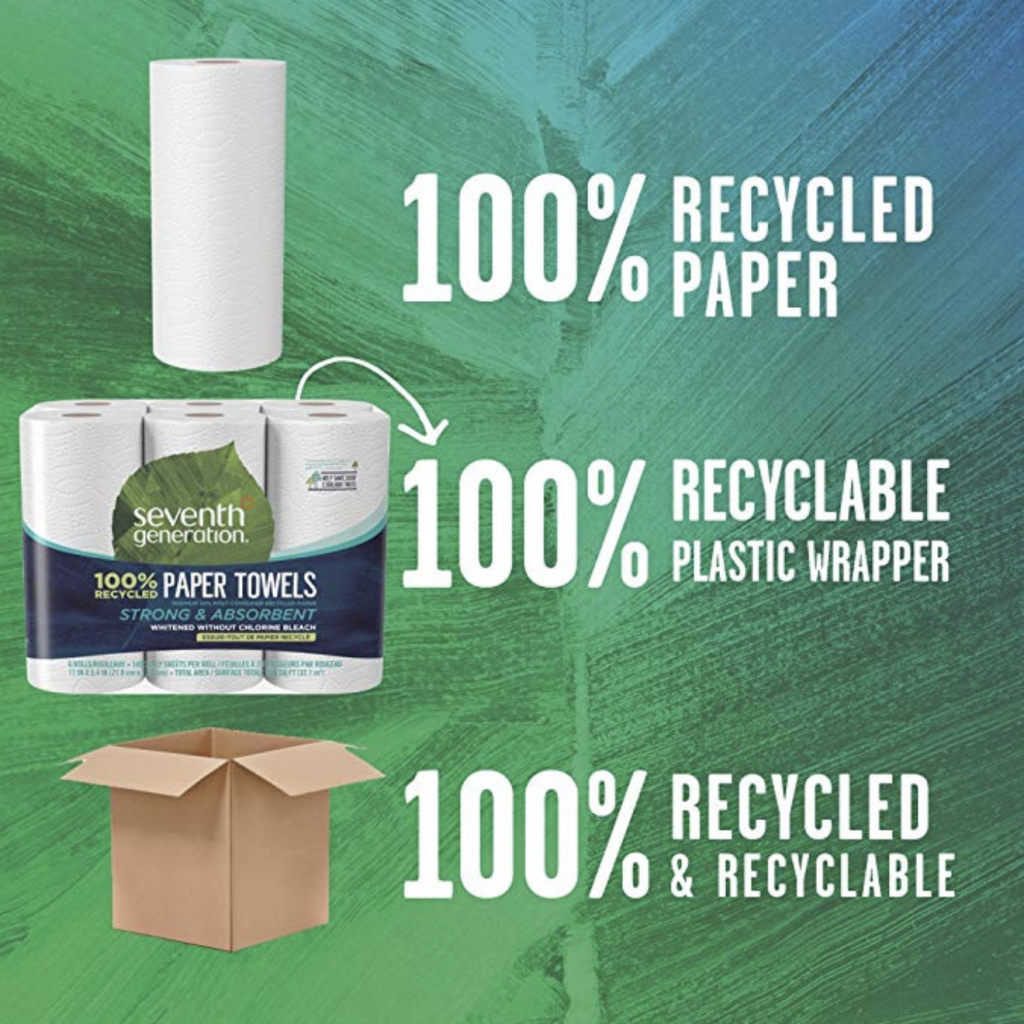 This is a picture of facts about Seventh Generation's 100% recycled paper towels.