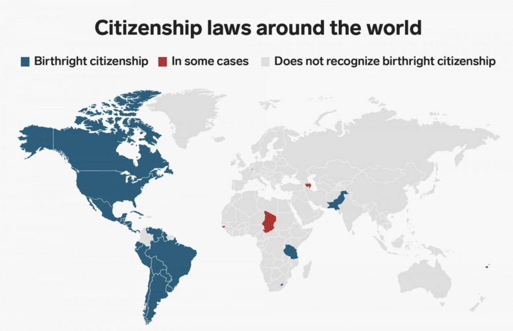 This is a picture of a map of the world and which countries have unrestricted birthright citizenship laws.