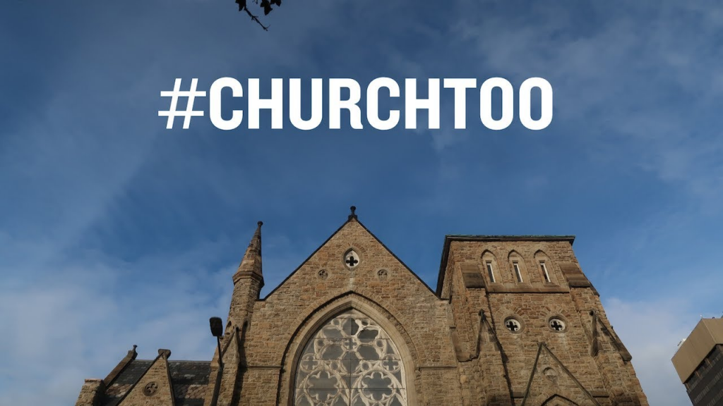 graphic of church with the hashtag "ChurchToo"