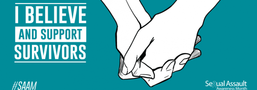 graphic of illustrated hand holding with the caption "I believe and support survivors"