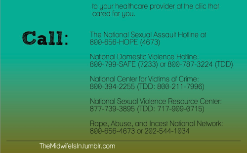 graphic with the phone numbers to hotlines for sexual assault, domestic violence, national center for victims of crime, sexual violence resource center, and rape abuse and incest national network
