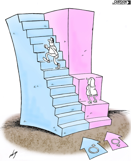 Man and woman on parallel staircases. The man is ahead and the stairs are uneven on the woman's side. A visual representation of inequality. 
