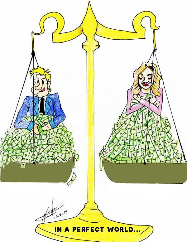 Men & women in scales with uneven loads of money. The female side has more money and the scale says "In a Perfect world"