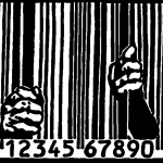 This is a picture of two hands behind a bar code as if it was a jail cell.