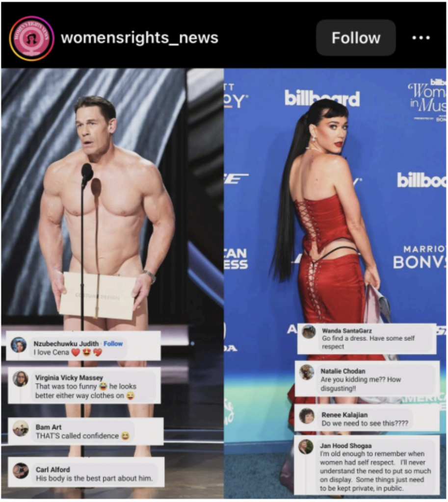 a screenshot of an instagram post which contains side-by-side images of John Cena naked only holding a box in front of his genital at the Oscars with screenshots of positive comments from the public beneath it and an image of Katy Perry at the Oscars wearing a somewhat revealing red dress with screenshots of negative comments from the public beneath it.